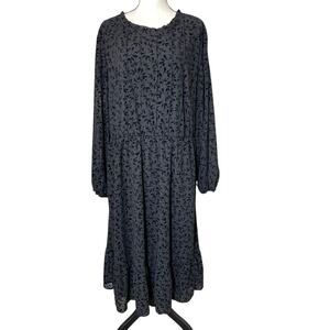 NWT Bloomchic Black Floral Tiered Midi Dress Boho Long Sleeve Size 22/24